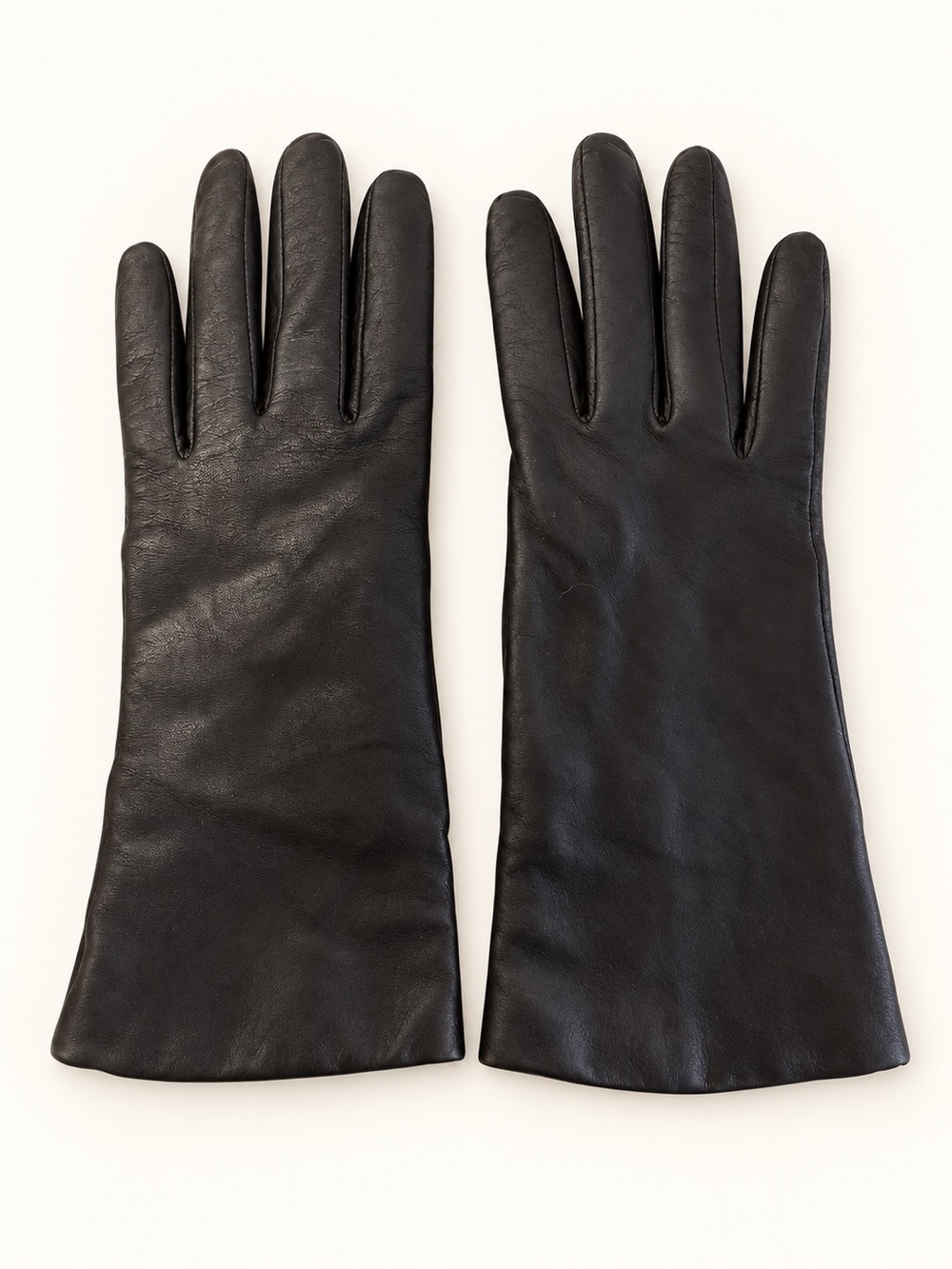 Fownes Black Leather 100% Cashmere Lined Gloves Size 7 Long Cuff